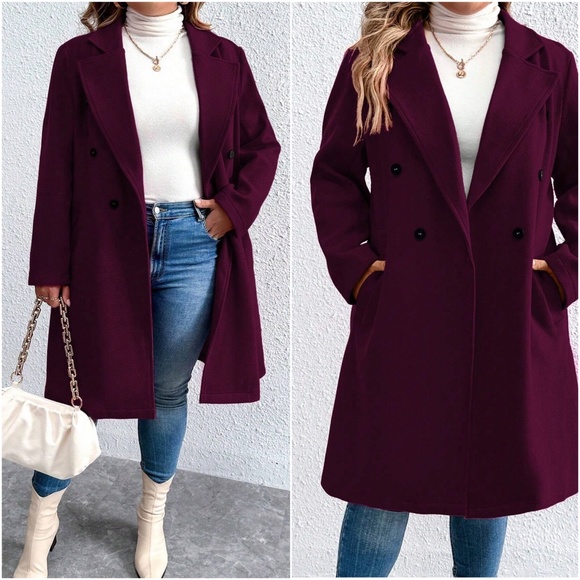 Plus Double Breasted Button up Pocket Jacket Coat - Picture 2 of 13